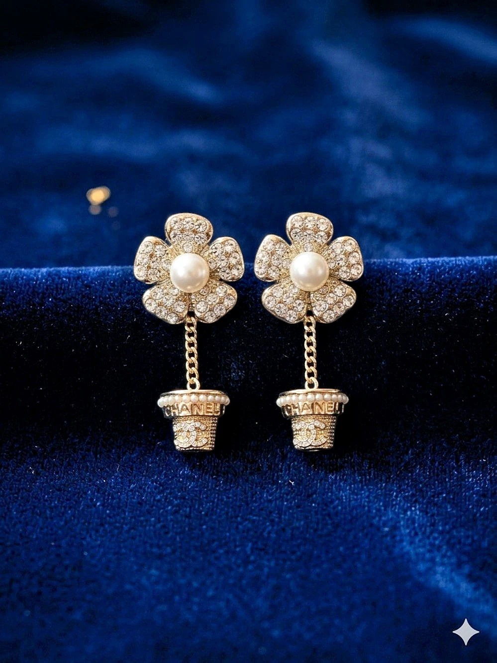 Faux Pearl & CC Flower Pot Drop Earrings Flower Dangling Basket Drop